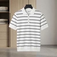 Men's Brown Striped Knit Polo Shirt with Half-Zip (Hong Kong Fabric) view 3