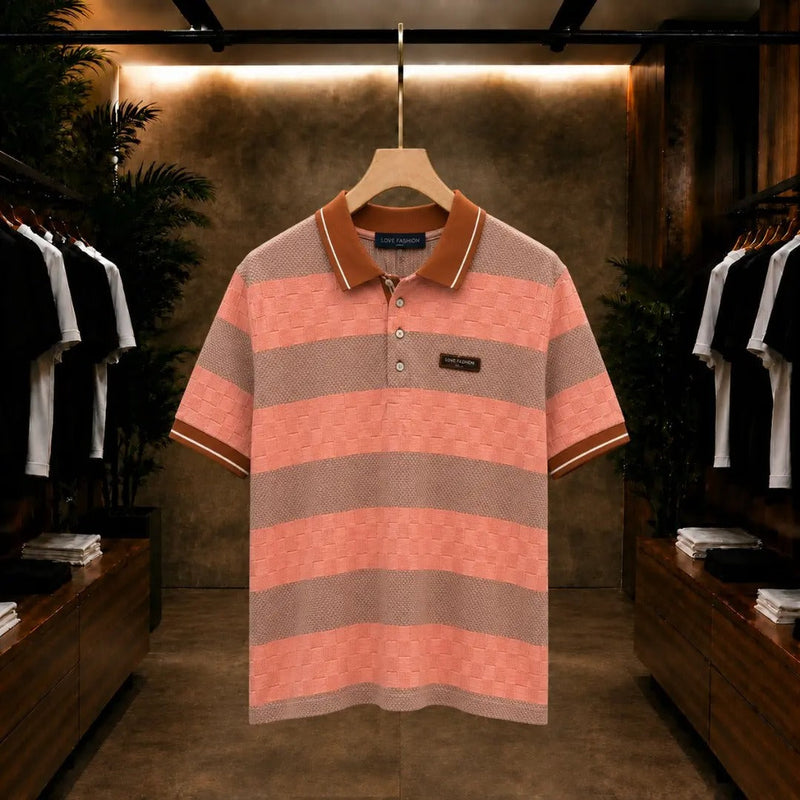 Men's Premium Peach & Taupe Textured Stripe Polo Shirt
