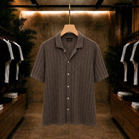 Textured Knit Cuban Collar Shirt – Brown