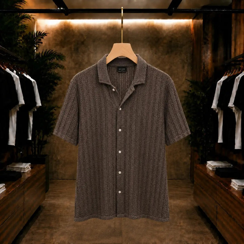 Textured Knit Cuban Collar Shirt – Brown