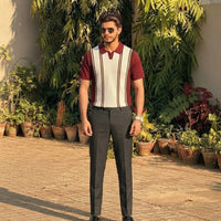 Retro Contrast Stripe Knit Polo Shirt view 2