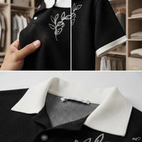 Black Short-Sleeve Knit Cuban Collar Shirt with White Contrast Trim and Line-Art Floral Embroidery view 4