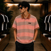 Men's Premium Peach & Taupe Textured Stripe Polo Shirt