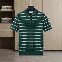 Men's Brown Striped Knit Polo Shirt with Half-Zip (Hong Kong Fabric) view 4