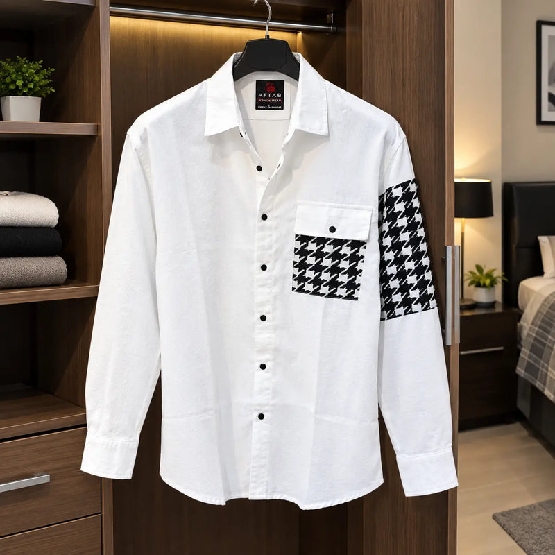 Men’s White Houndstooth Contrast Pocket Shirt