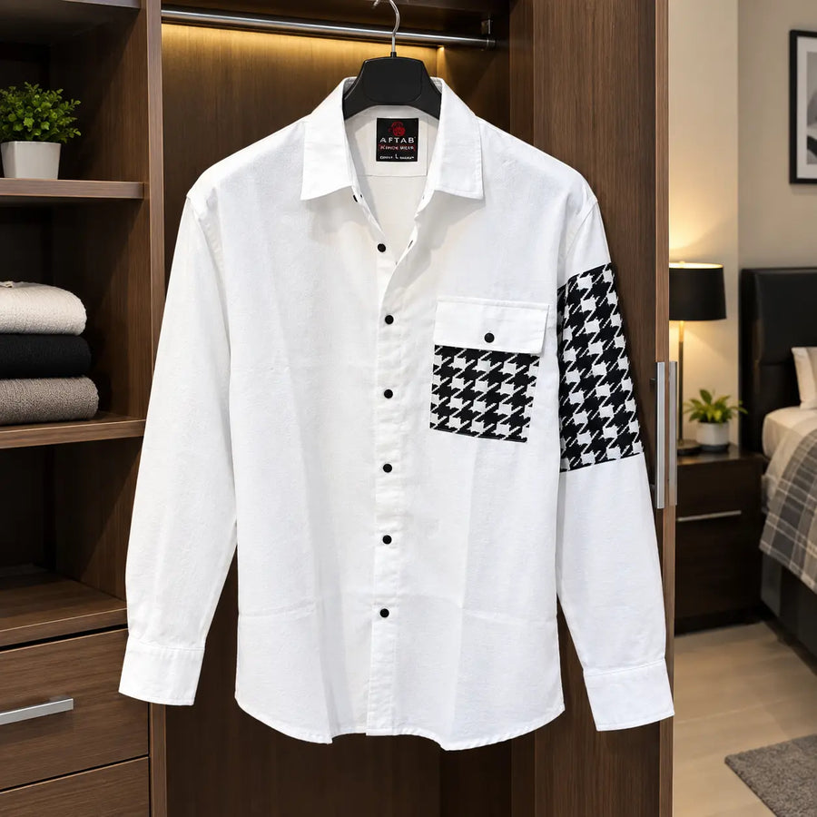 Men’s White Houndstooth Contrast Pocket Shirt