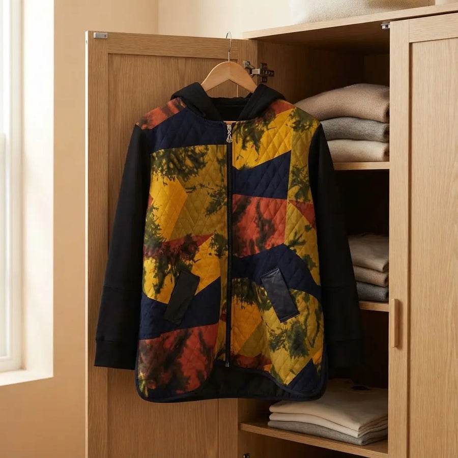 Colorblock Quilted Zip-Up Fleece Hoodie