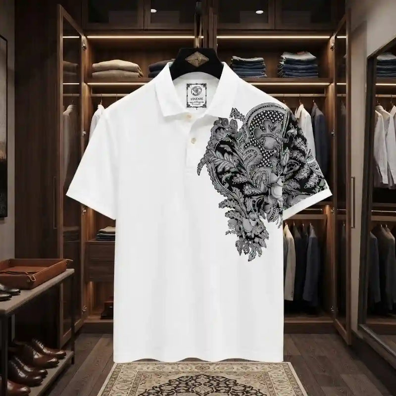 White Baroque Print Polo Shirt