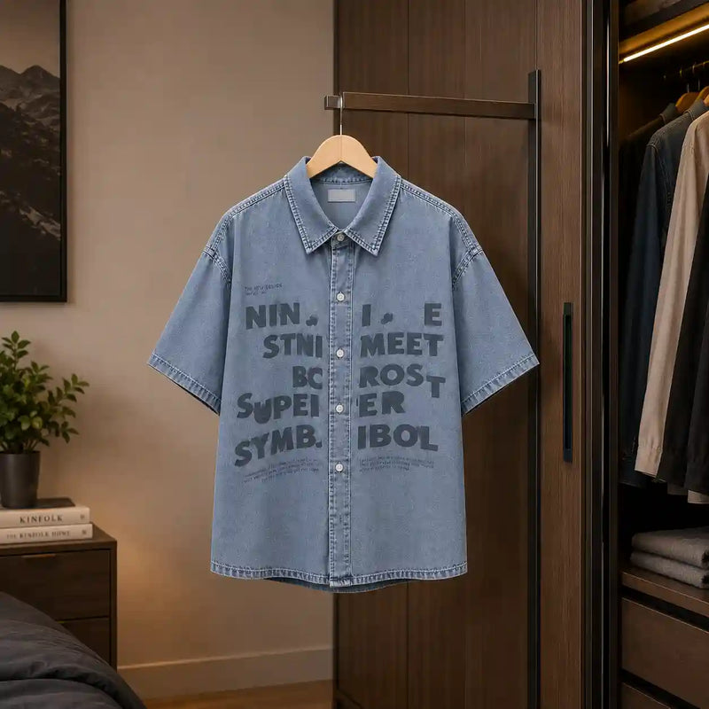 Men's Graphic Print Short-Sleeve Denim Shirt