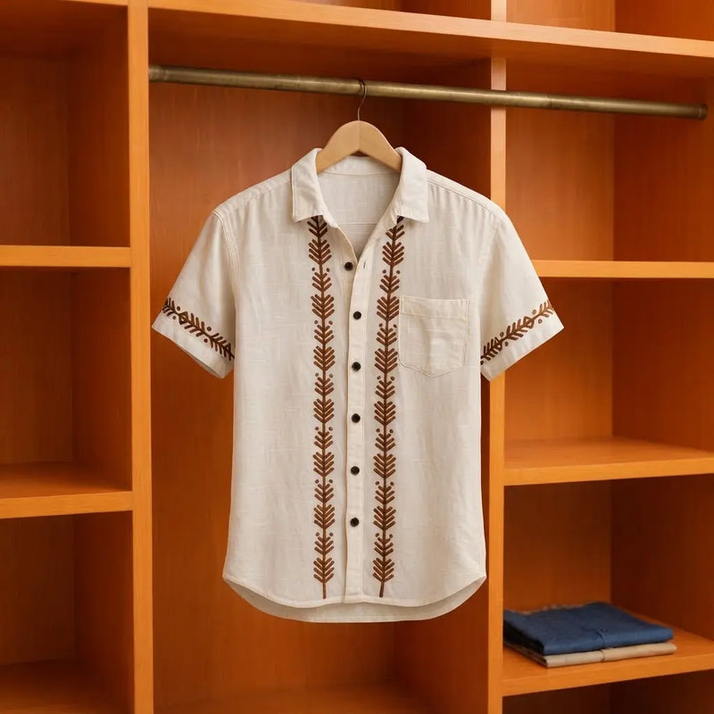 Embroidered Placket Casual Shirt ya Textured Panel Short-Sleeve Shirt