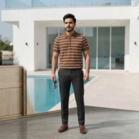 Men's Brown Striped Knit Polo Shirt with Half-Zip (Hong Kong Fabric) view 5