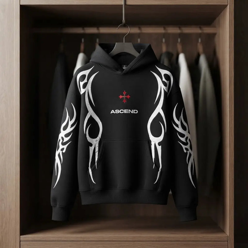 ASCEND Tribal Flame Graphic Heavyweight Black Hoodie