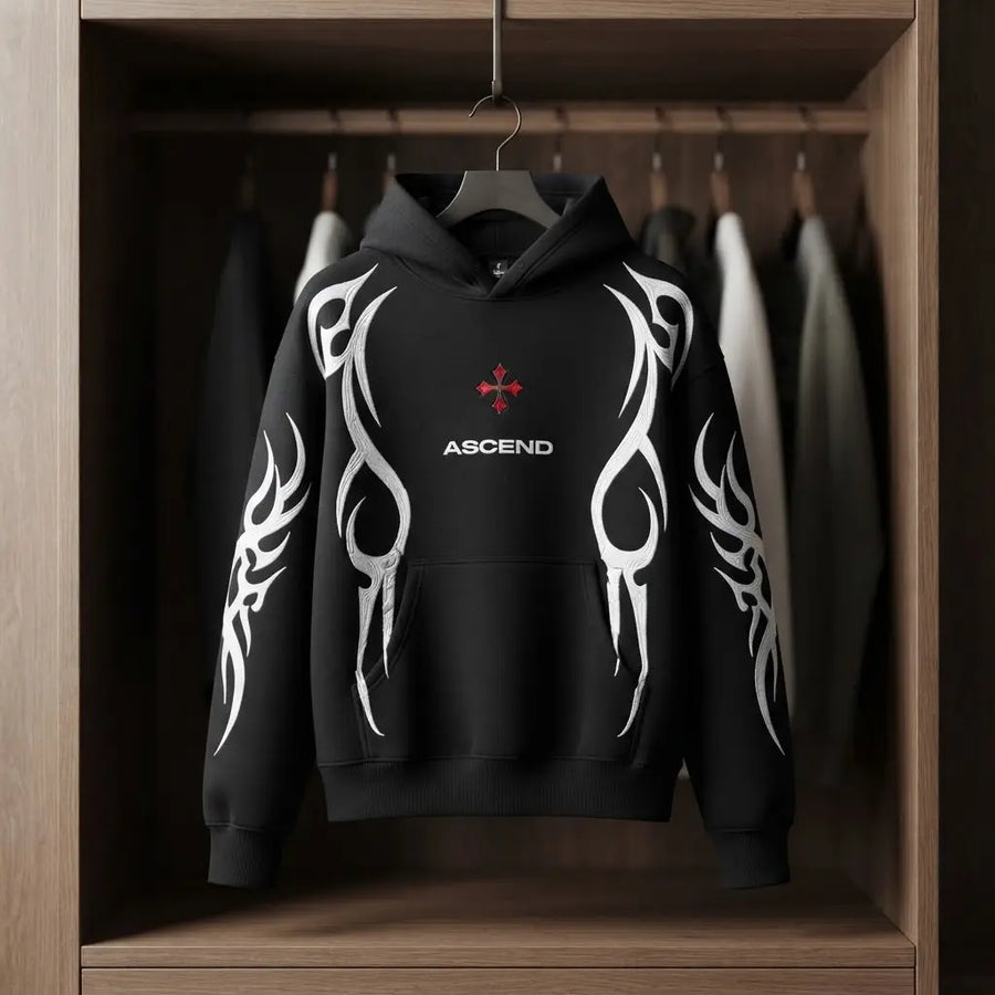 ASCEND Tribal Flame Graphic Heavyweight Black Hoodie