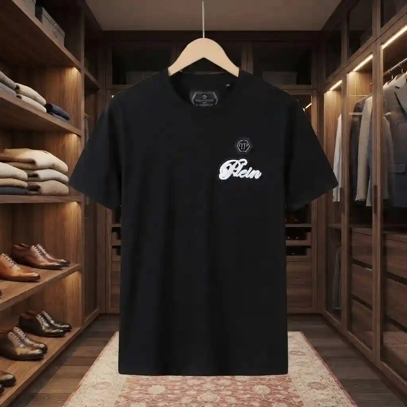 Men's Black Script Logo Embroidered Crew Neck T-Shirt