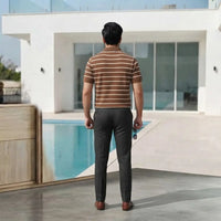 Men's Brown Striped Knit Polo Shirt with Half-Zip (Hong Kong Fabric) view 6