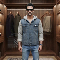 Blue Denim Jacket with Grey Hood and Sleeves view 3