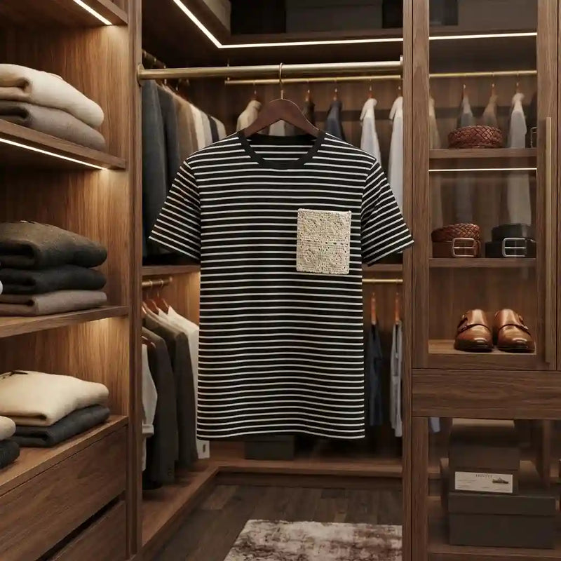 Men's Striped Knit T-Shirt with Crochet Chest Pocket