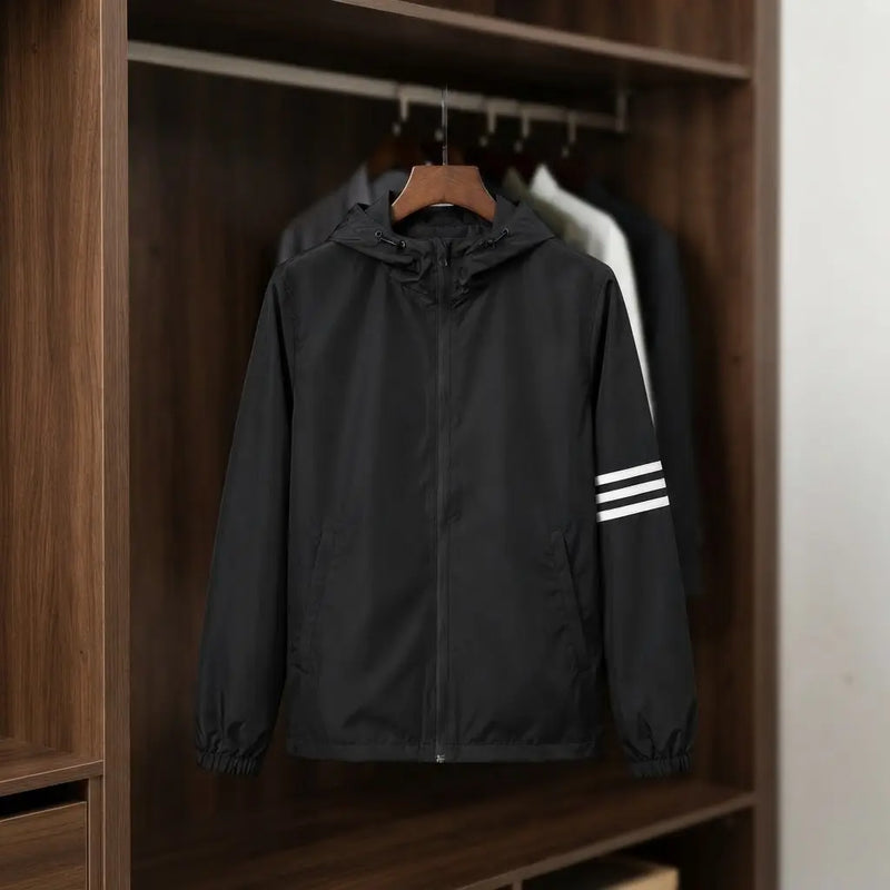 Black Three-Stripe Sleeve Zip-Up Hoodie