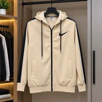 Men’s Beige Full-Zip Hoodie with Black Contrast Sleeve Panels view 1