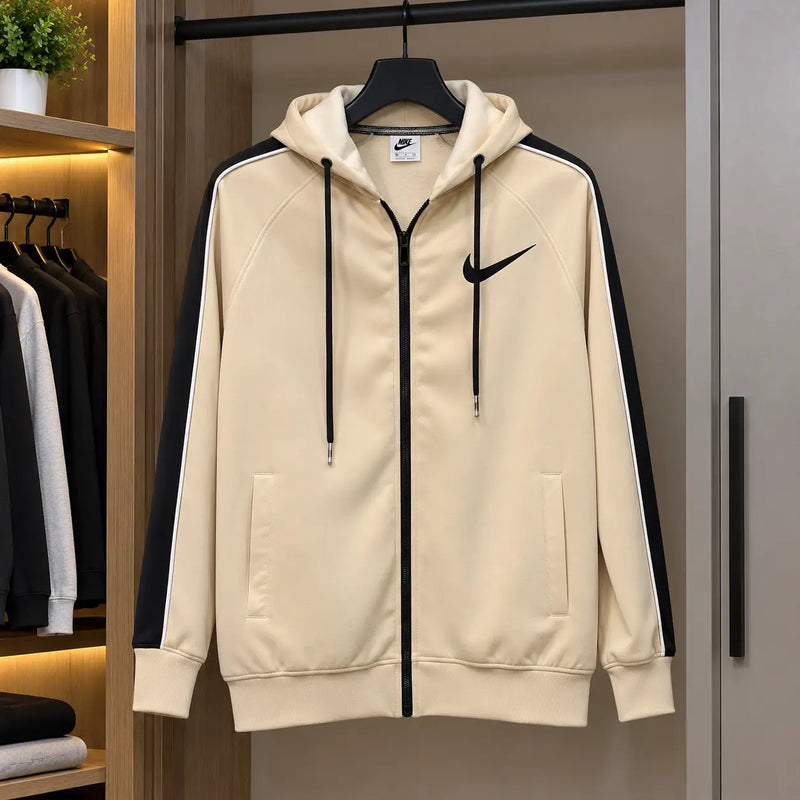 Men’s Beige Full-Zip Hoodie with Black Contrast Sleeve Panels