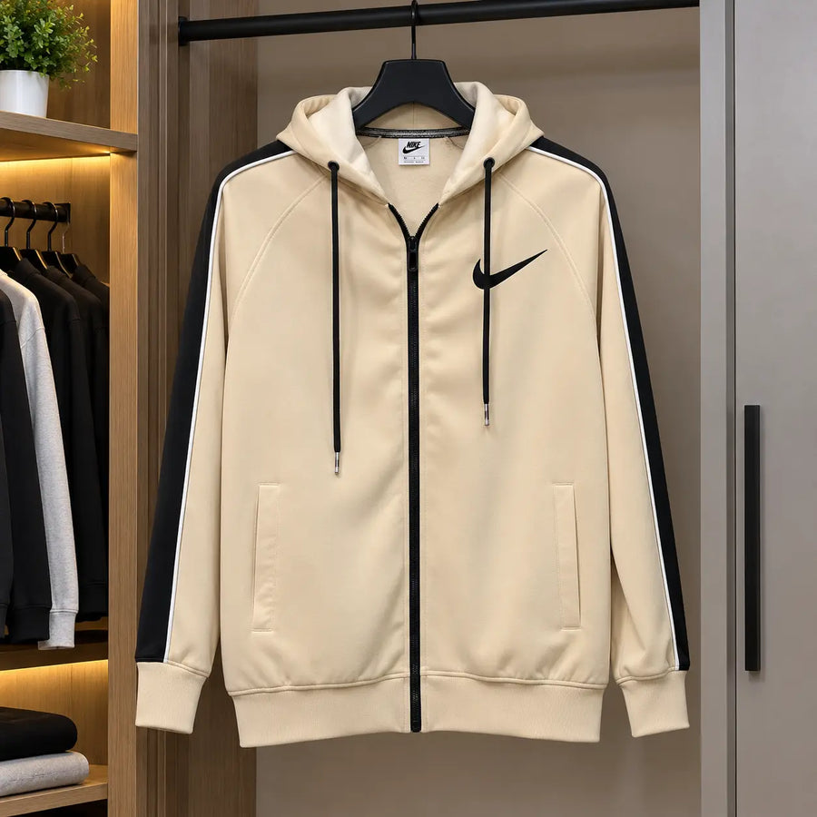 Men’s Beige Full-Zip Hoodie with Black Contrast Sleeve Panels