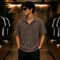 Textured Knit Cuban Collar Shirt – Brown