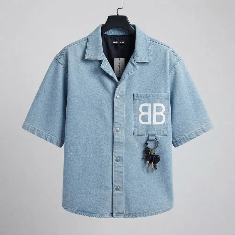 Balenciaga Denim Short-Sleeve Shirt with Pocket Logo
