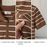 Men's Brown Striped Knit Polo Shirt with Half-Zip (Hong Kong Fabric) view 7