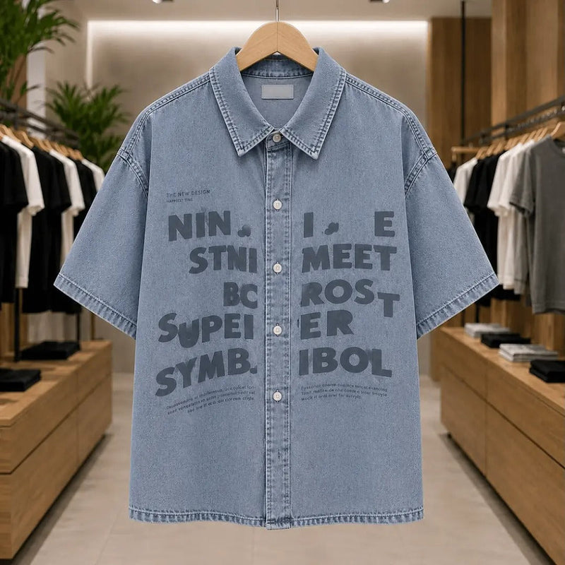 Men's Graphic Print Short-Sleeve Denim Shirt