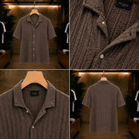 Textured Knit Cuban Collar Shirt – Brown
