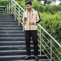 Men’s Beige Full-Zip Hoodie with Black Contrast Sleeve Panels view 2