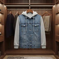 Blue Denim Jacket with Grey Hood and Sleeves view 1