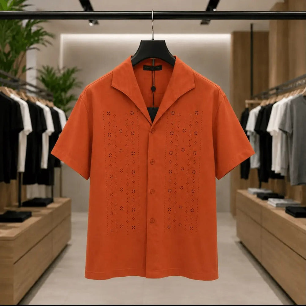 Men's Premium Orange Embroidered Cuban Collar Shirt