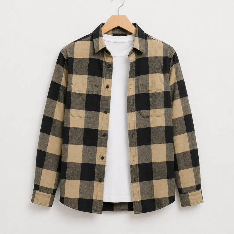 Men's Beige & Black Buffalo Check Flannel Overshirt