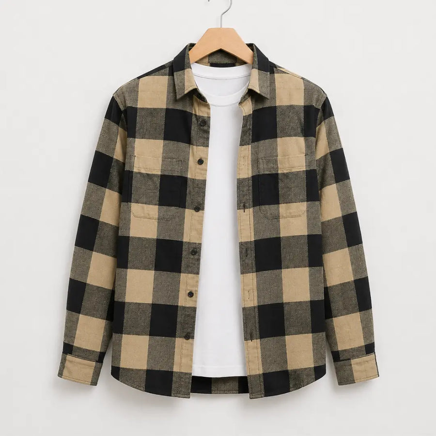 Men's Beige & Black Buffalo Check Flannel Overshirt