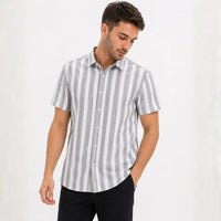 Men's White & Grey Vertical Stripe Short Sleeve Casual Shirt