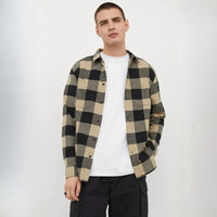 Men's Beige & Black Buffalo Check Flannel Overshirt