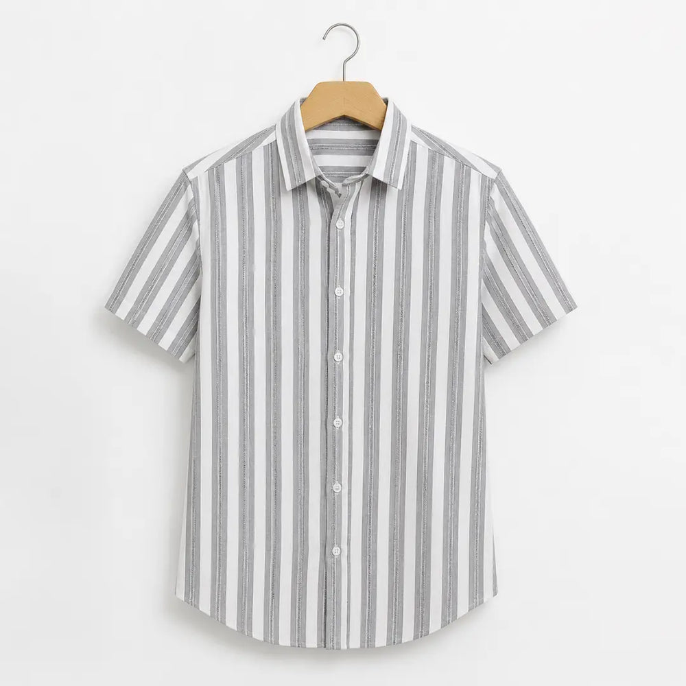 Men's White & Grey Vertical Stripe Short Sleeve Casual Shirt