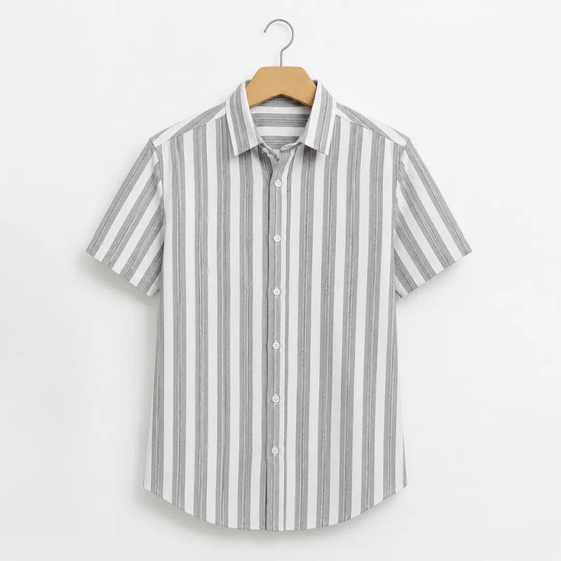 Men's White & Grey Vertical Stripe Short Sleeve Casual Shirt