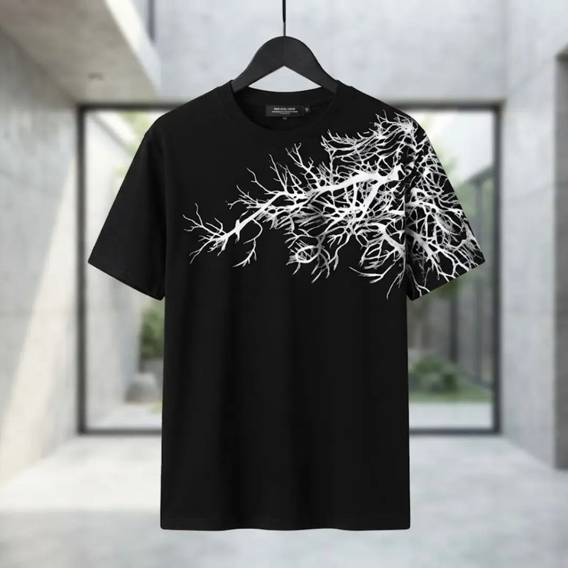 Men's Black White Branch Graphic Crew Neck T-Shirt