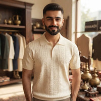 Men's Cream Textured Knit Polo Shirt