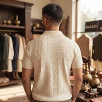Men's Cream Textured Knit Polo Shirt