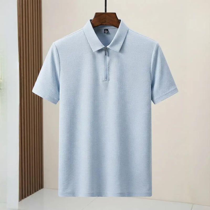Men's Sky Blue Textured Half-Zip Polo Shirt