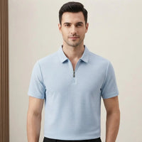 Men's Sky Blue Textured Half-Zip Polo Shirt