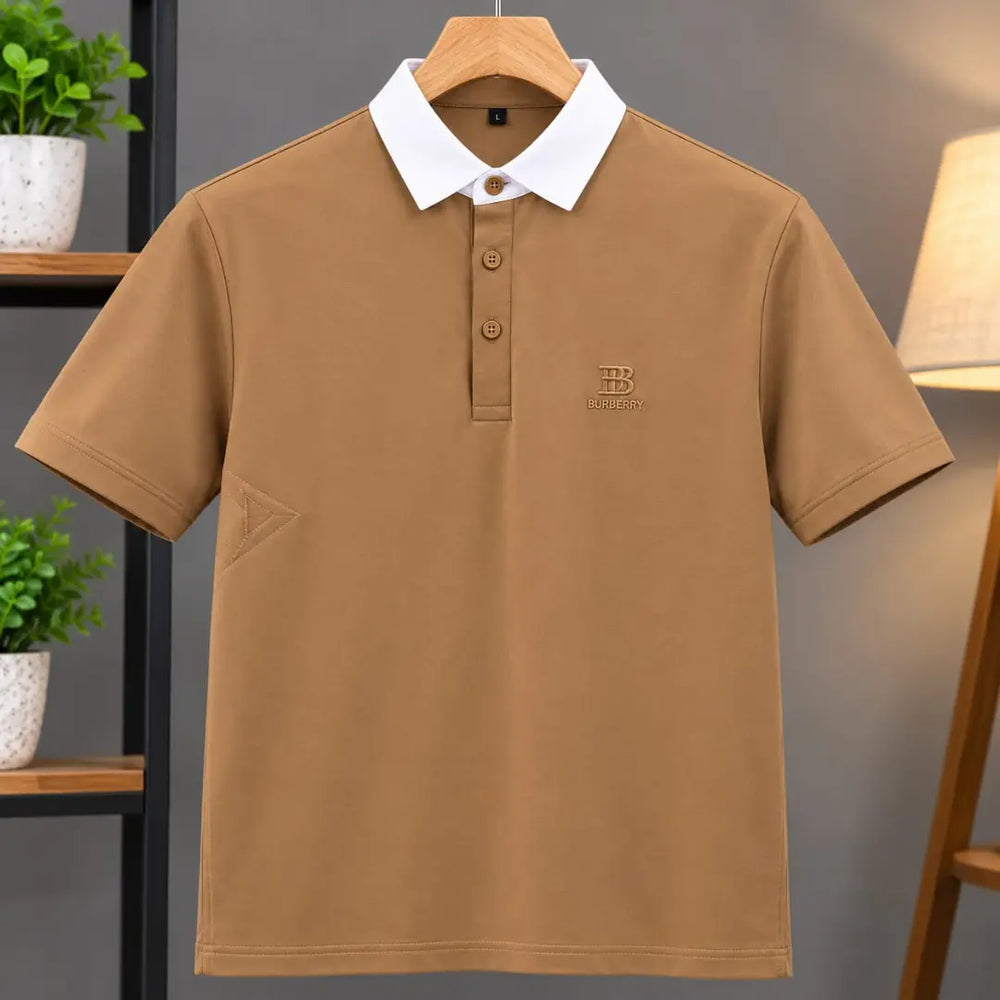 Men's Camel Contrast Collar Embroidered Polo Shirt