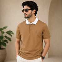 Men's Camel Contrast Collar Embroidered Polo Shirt