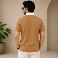 Men's Camel Contrast Collar Embroidered Polo Shirt