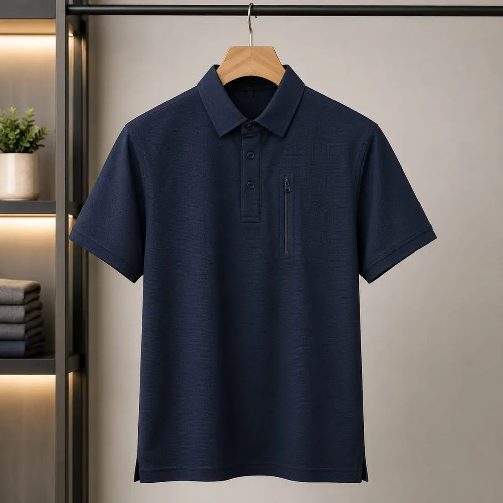 Men's Navy Textured Zip Chest Pocket Polo Shirt