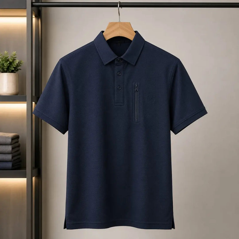 Men's Navy Textured Zip Chest Pocket Polo Shirt