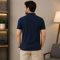 Men's Navy Textured Zip Chest Pocket Polo Shirt